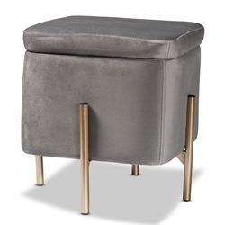 Baxton Studio Aleron Contemporary Glam and Luxe Grey Velvet Fabric Upholstered and Gold Finished Metal Storage Ottoman